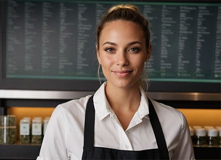 Friendly female barista in a white shirt and black apron standing in a coffee shop with menu boards in the background.