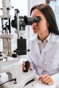 Optometrist using a slit lamp to examine a patient's eye in a clinic.