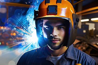 Young male industrial worker in hard hat with visible welding sparks